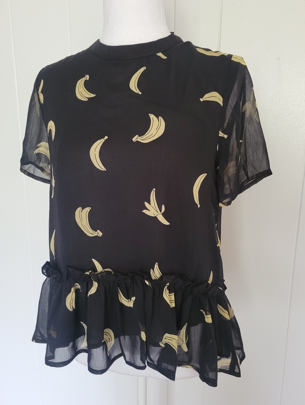 NWT English Factory Chiffon Banana Print Blouse Black Yellow Ruffle Hem Top XS